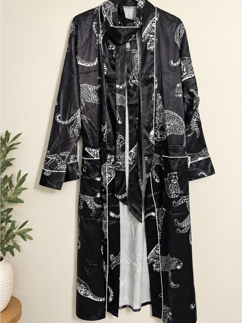 Black Satin XL Leopard Print Long Robe Kimono With Matching Sleep Mask & Belt